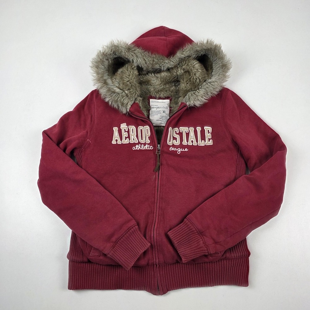 Aeropostale Hoodie Womens XL Red Fleece Fur Lined Hood Full Zip Athletic Logo